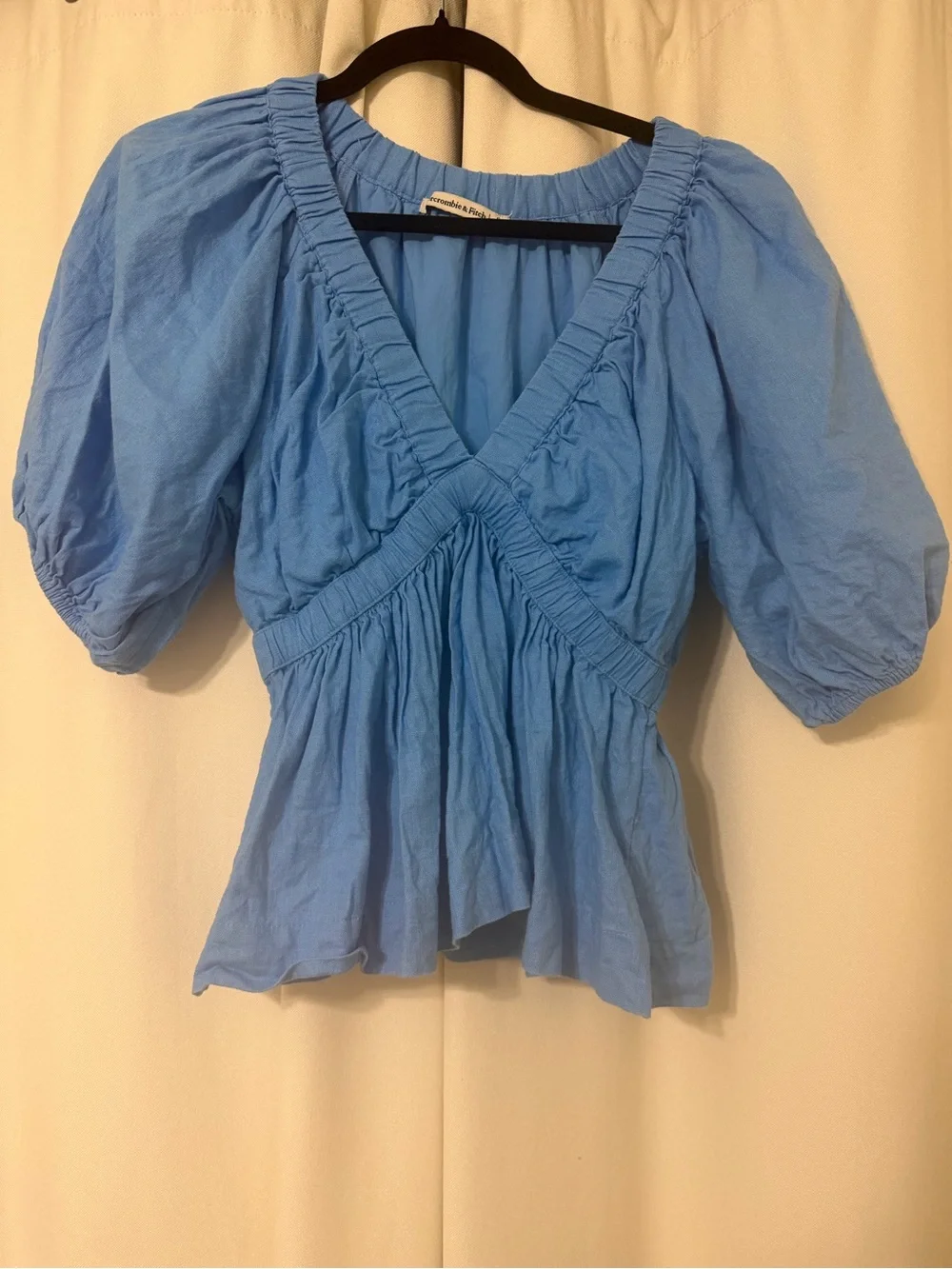 Abercrombie & Fitch Blue Puff-Sleeve Plunge V-Neck Linen Blend Peplum Top S